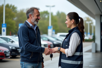 Homme remettant les clés à une employée souriante devant une concession