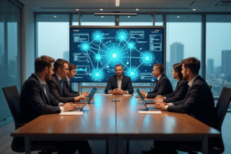 Groupe de professionnels en réunion autour d'un écran blockchain