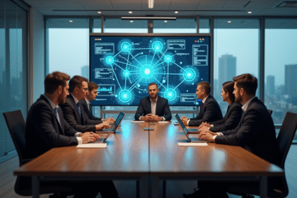 Groupe de professionnels en réunion autour d'un écran blockchain