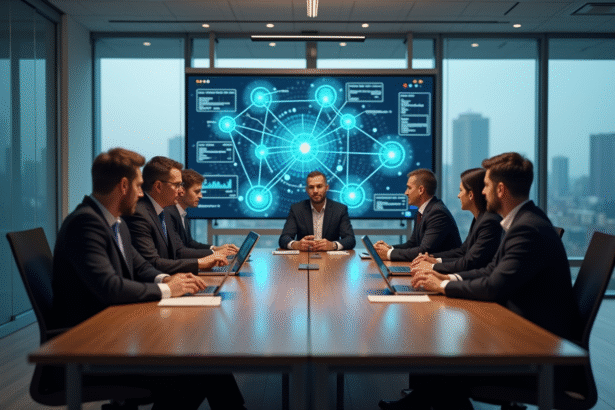 Groupe de professionnels en réunion autour d'un écran blockchain