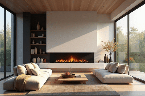 Salon moderne avec cheminée intégrée et grande fenetre