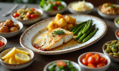 Table élégante avec poisson blanc grillé et légumes colorés