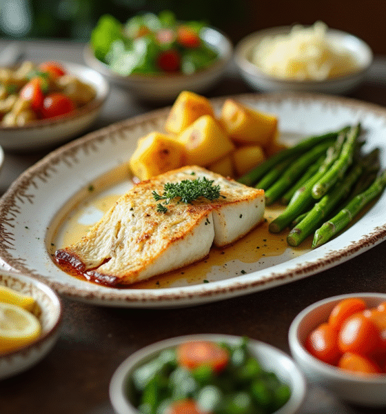 Table élégante avec poisson blanc grillé et légumes colorés