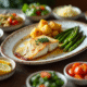 Table élégante avec poisson blanc grillé et légumes colorés