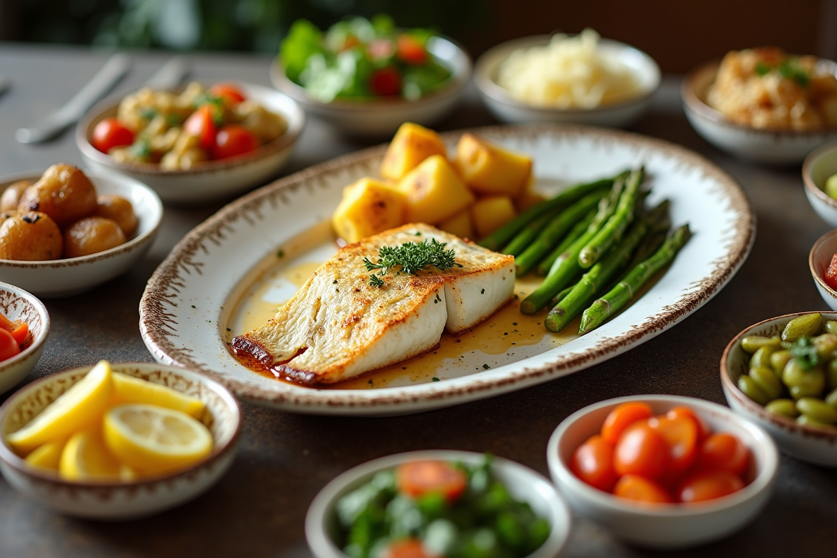 Table élégante avec poisson blanc grillé et légumes colorés