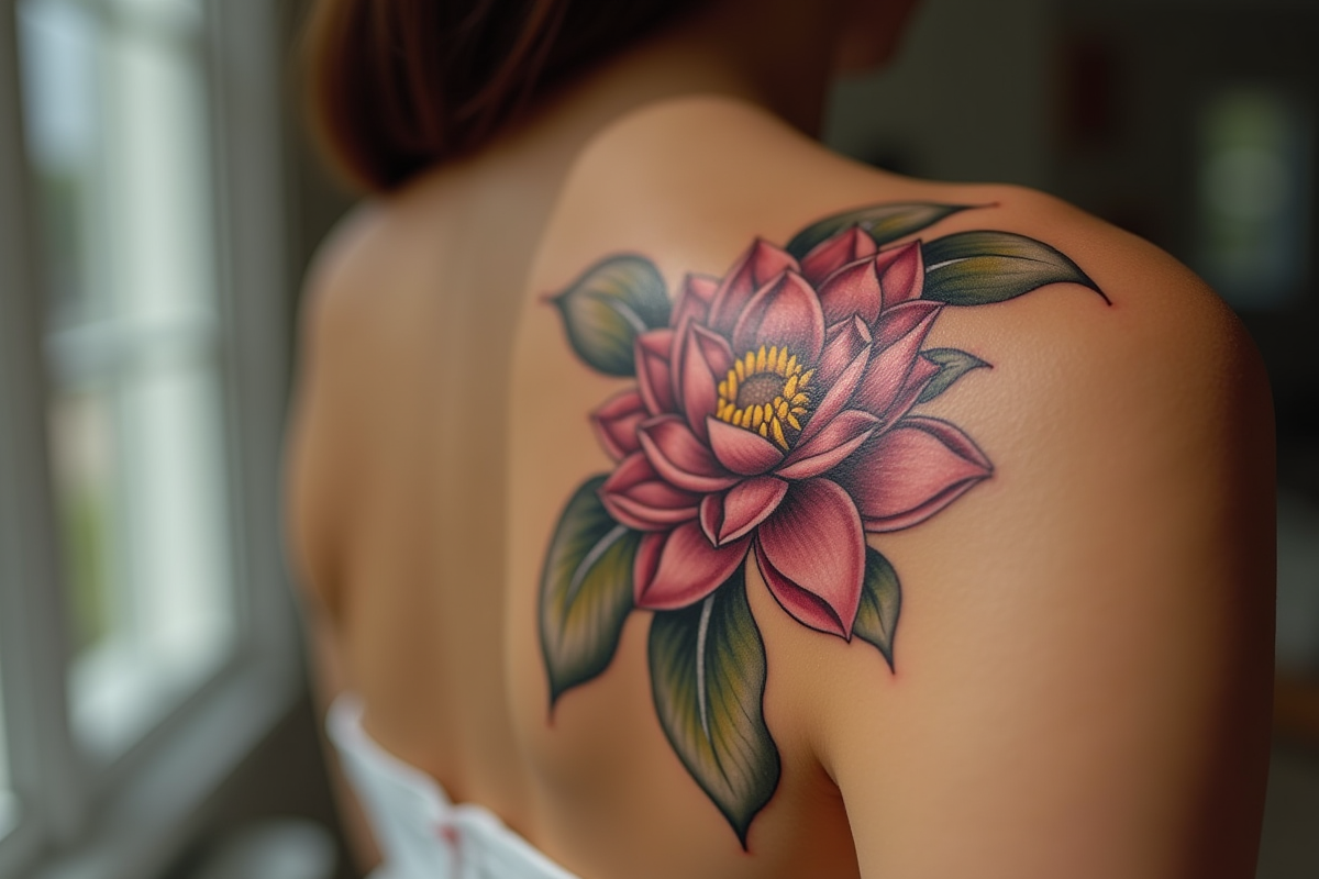 Tatouage lotus cicatrisé sur l