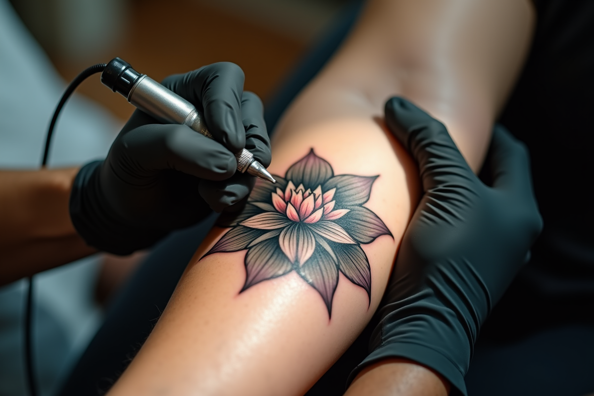 Tatoueur appliquant un tatouage lotus sur le bras en studio lumineux