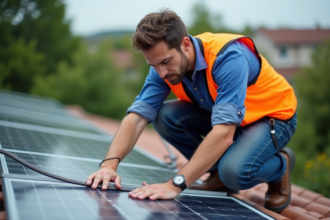 Technicien électrique inspectant des câbles solaires sur un toit résidentiel