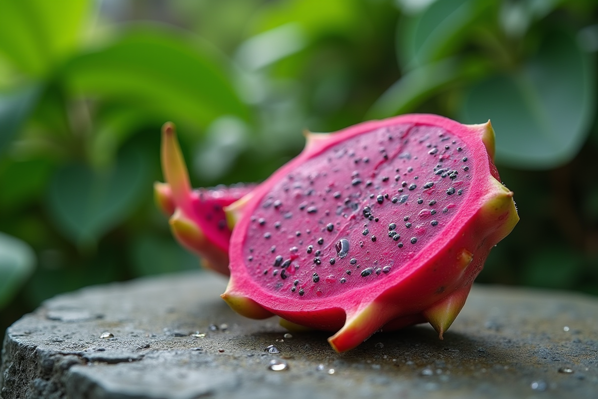 Tranche de dragon fruit avec peau rose et intérieur tacheté en extérieur
